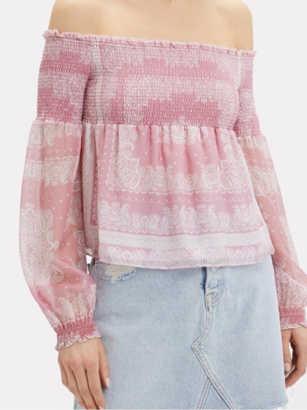 INTERMIX Pink Paisley Off-Shoulder Smocked Blouse